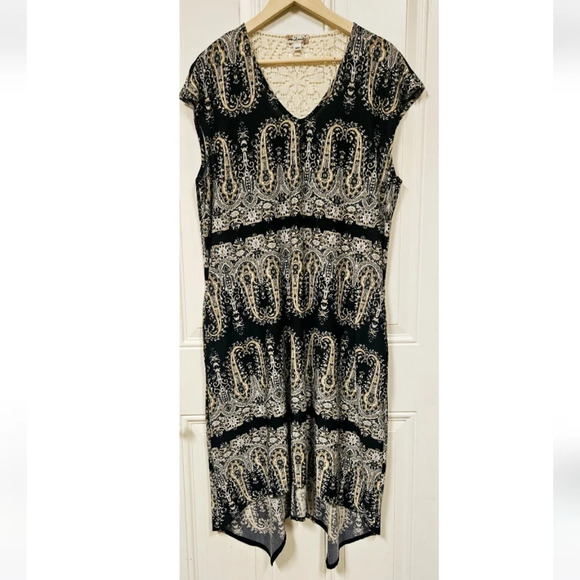 WORLD Unity Shift Lace comfy Vneck Dress Black Green Paisley Hi-Low Hem size XL - Picture 1 of 9